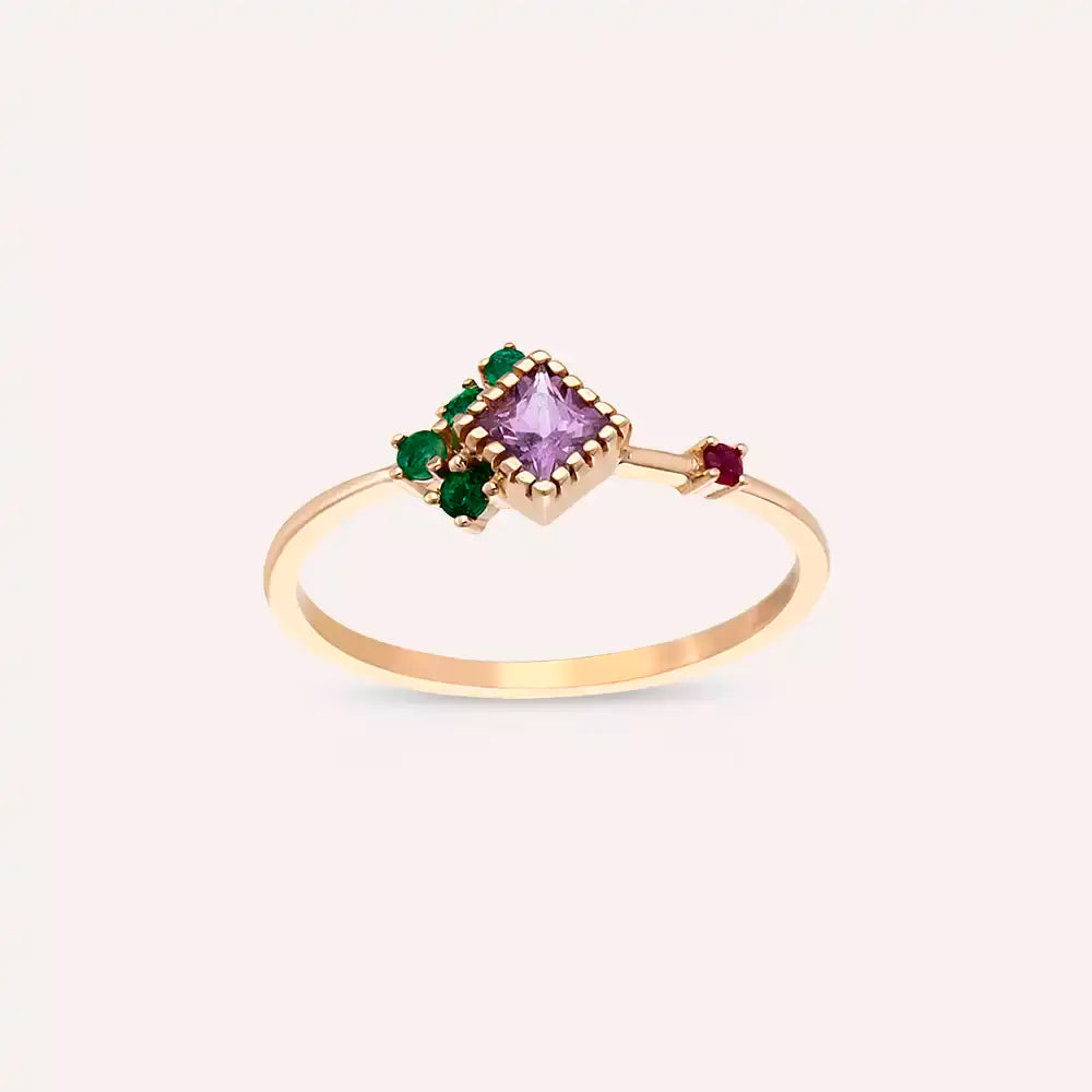 Yakut, Zümrüt, Safir: Üç Büyük Renkli Taşı Tanıma Rehberi — 0.35 CT Safir, Zümrüt ve Yakut Taşlı Rose Altın Yüzük