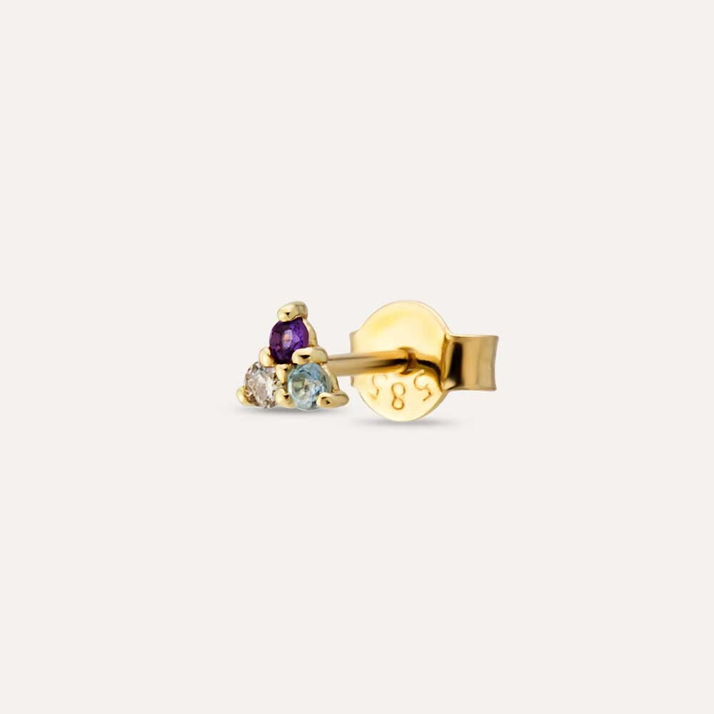 0.07 CT Brown Pırlanta, Ametist ve Aquamarin Taşlı Mini Tek Küpe