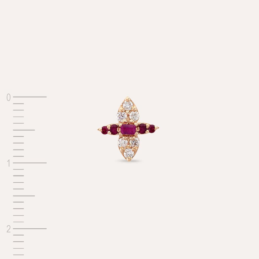 0.19 CT Baget Yakut ve Pırlanta Taşlı Rose Altın Tek Küpe