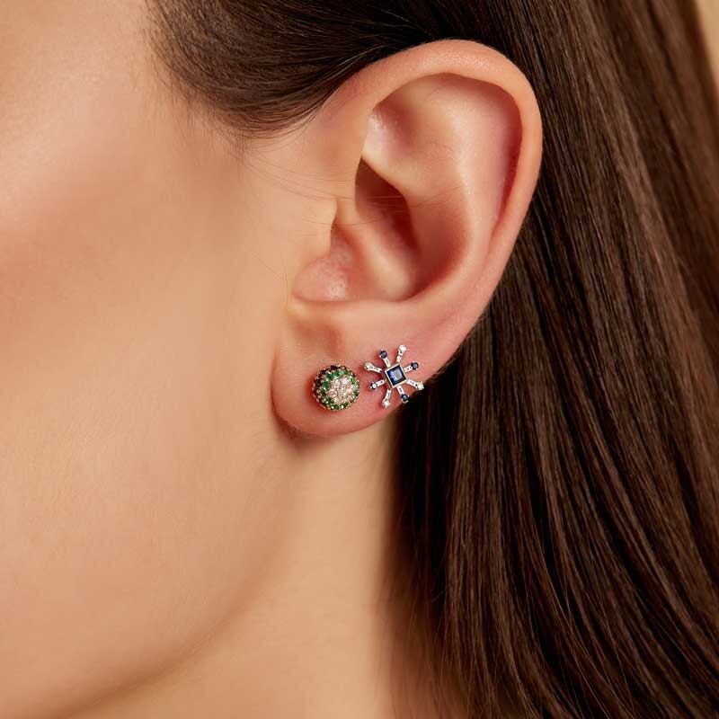 0.19 CT Safir ve Pırlanta Taşlı Beyaz Altın Tek Küpe