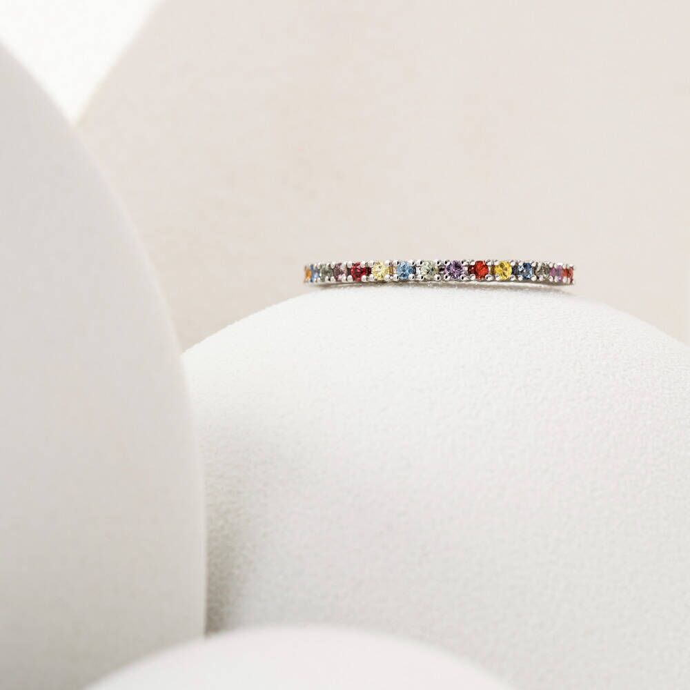 0.27 CT Multicolor Safir Taşlı Yarımtur Beyaz Altın Yüzük