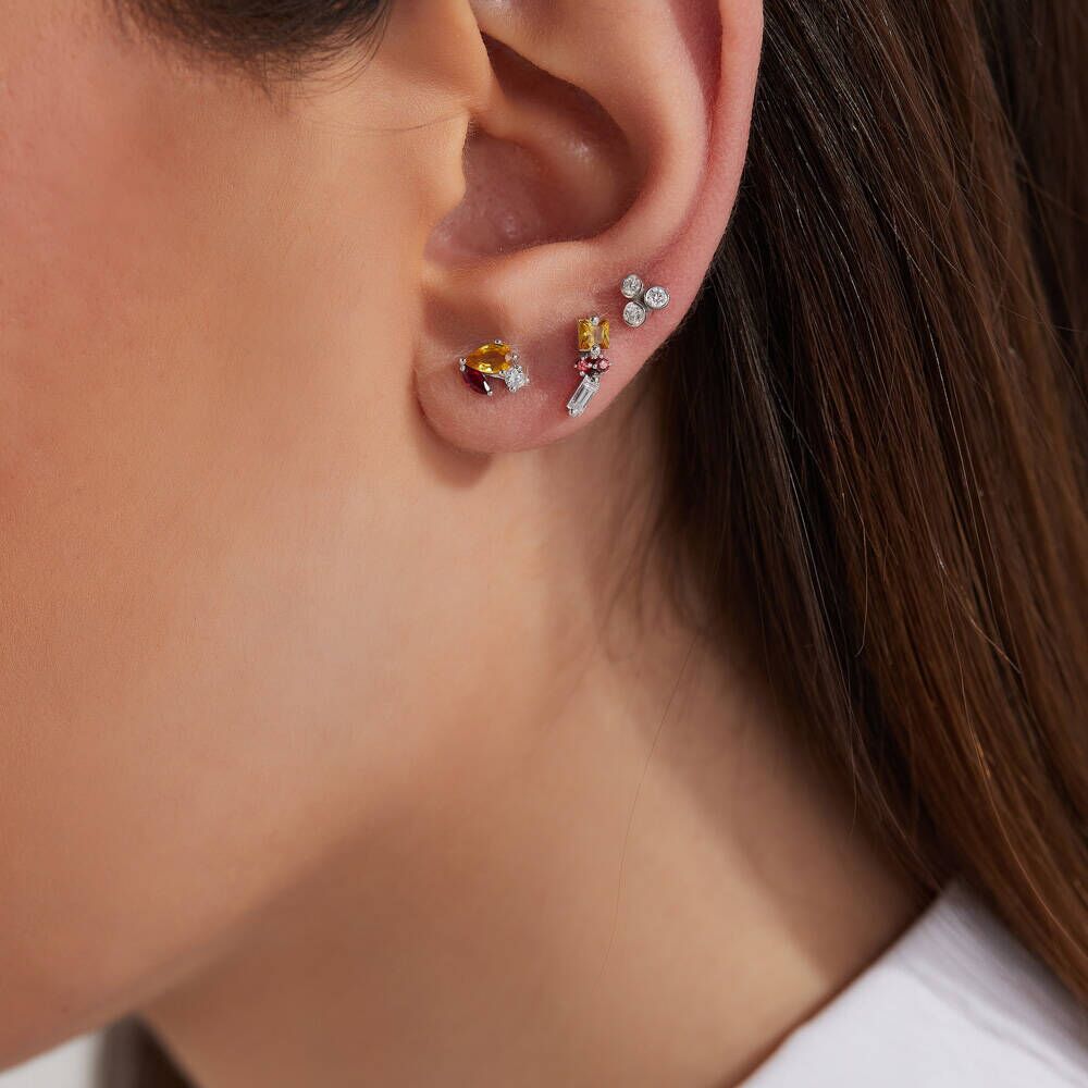 0.29 CT Multicolor Safir ve Baget Pırlanta Taşlı Tek Küpe