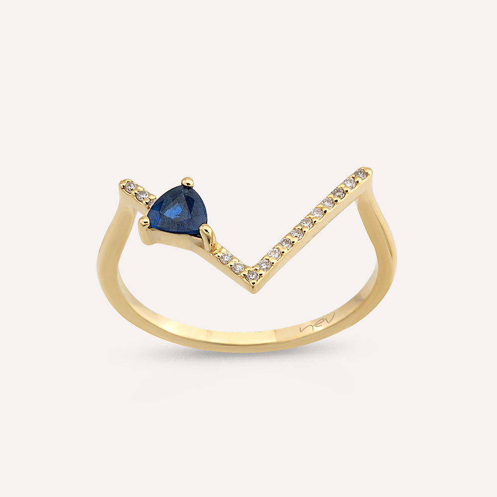 0.32 CT Pırlanta ve Safir Taşlı Sarı Altın V Yüzük