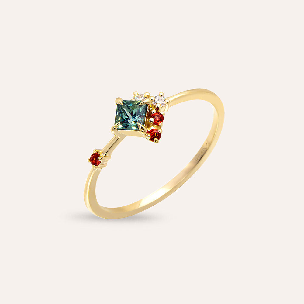 0.36 CT Multicolor Safir ve Pırlanta Taşlı Sarı Altın Yüzük