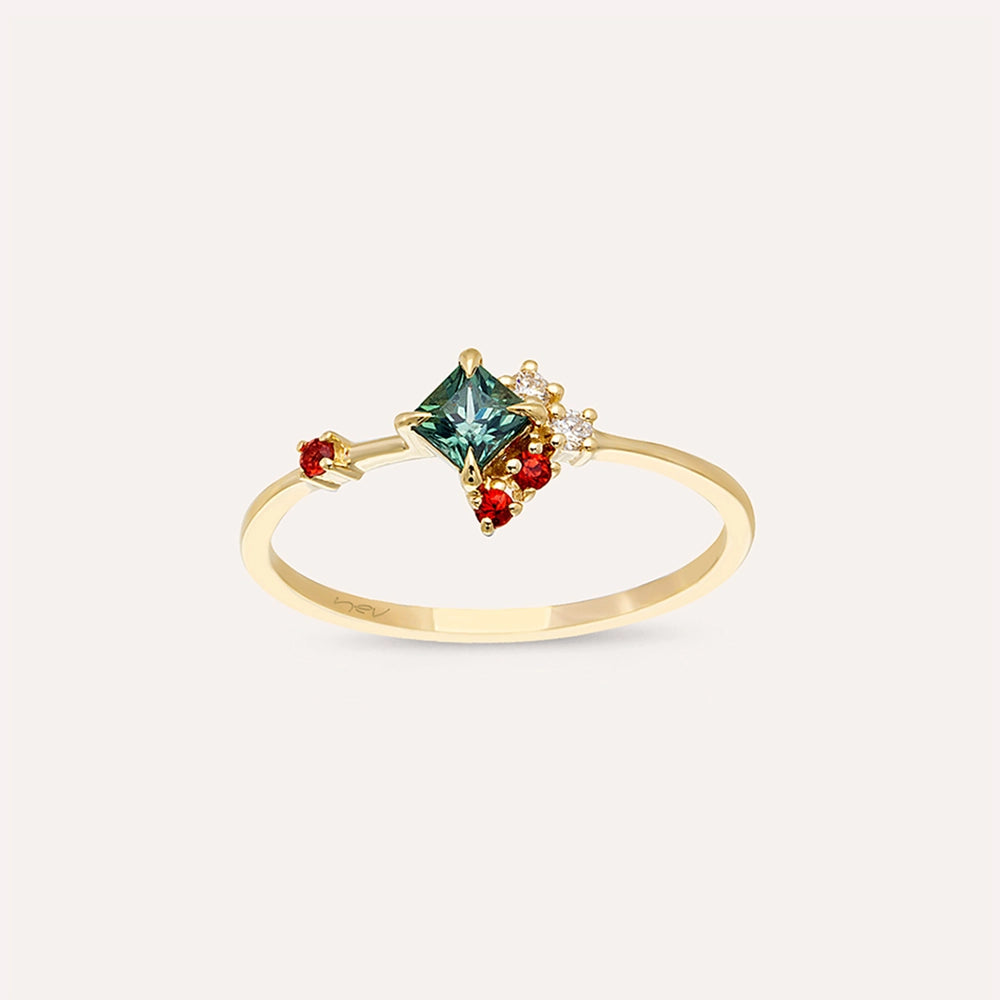 0.36 CT Multicolor Safir ve Pırlanta Taşlı Sarı Altın Yüzük