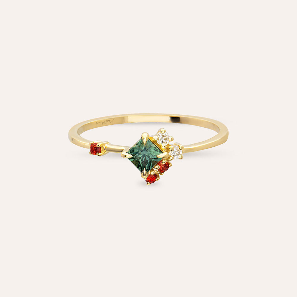 0.36 CT Multicolor Safir ve Pırlanta Taşlı Sarı Altın Yüzük