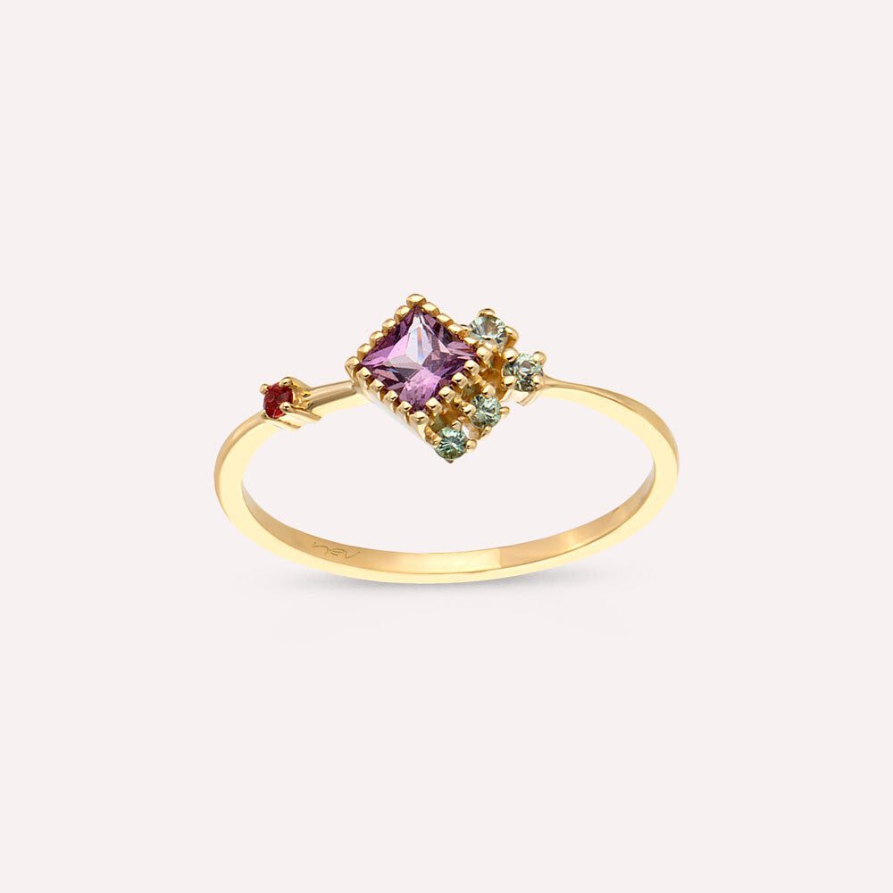 0.38 CT Multicolor Safir Taşlı Sarı Altın Yüzük