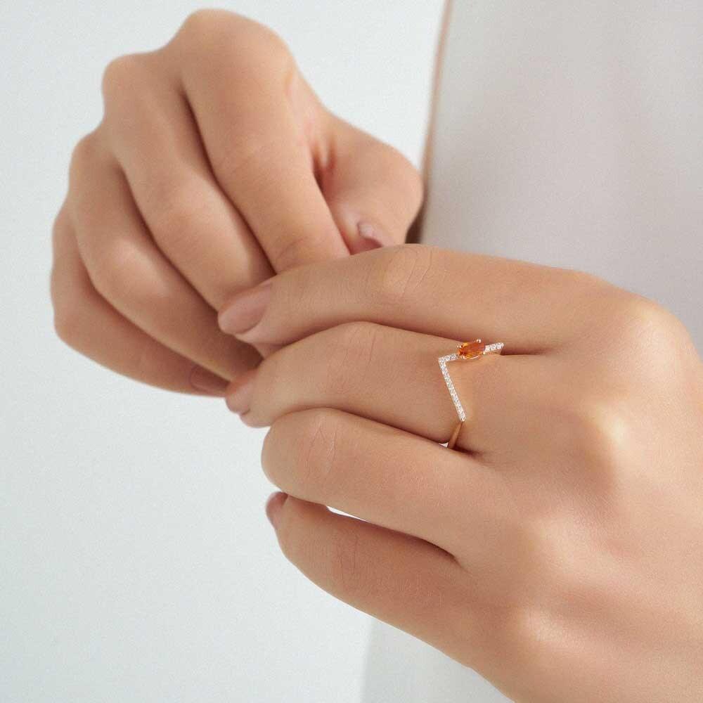 0.39 CT Orange Safir ve Pırlanta Taşlı Rose Altın V Yüzük - Tufanlar Kuyumculuk