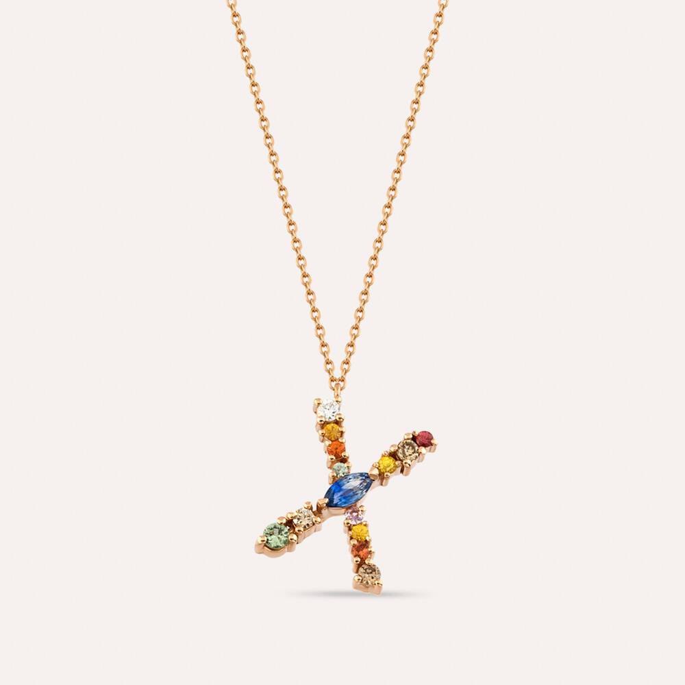 0.57 CT Brown Pırlanta ve Multicolor Safir Taşlı X Harf Kolye
