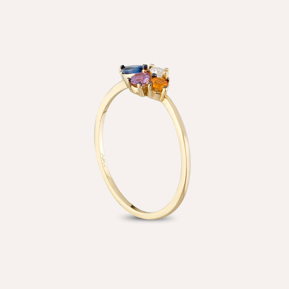 0.60 CT Multicolor Safir ve Pırlanta Taşlı Sarı Altın Yüzük