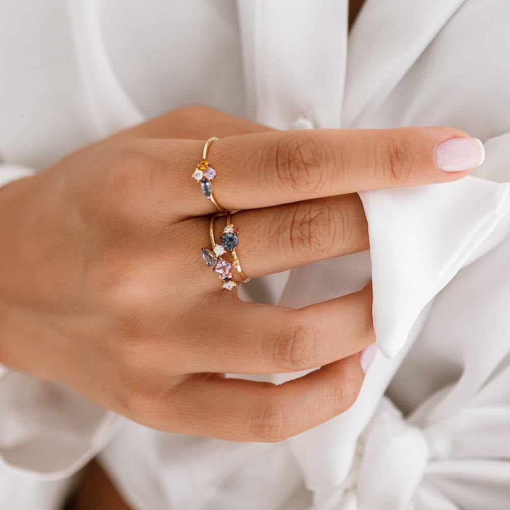 0.60 CT Multicolor Safir ve Pırlanta Taşlı Sarı Altın Yüzük