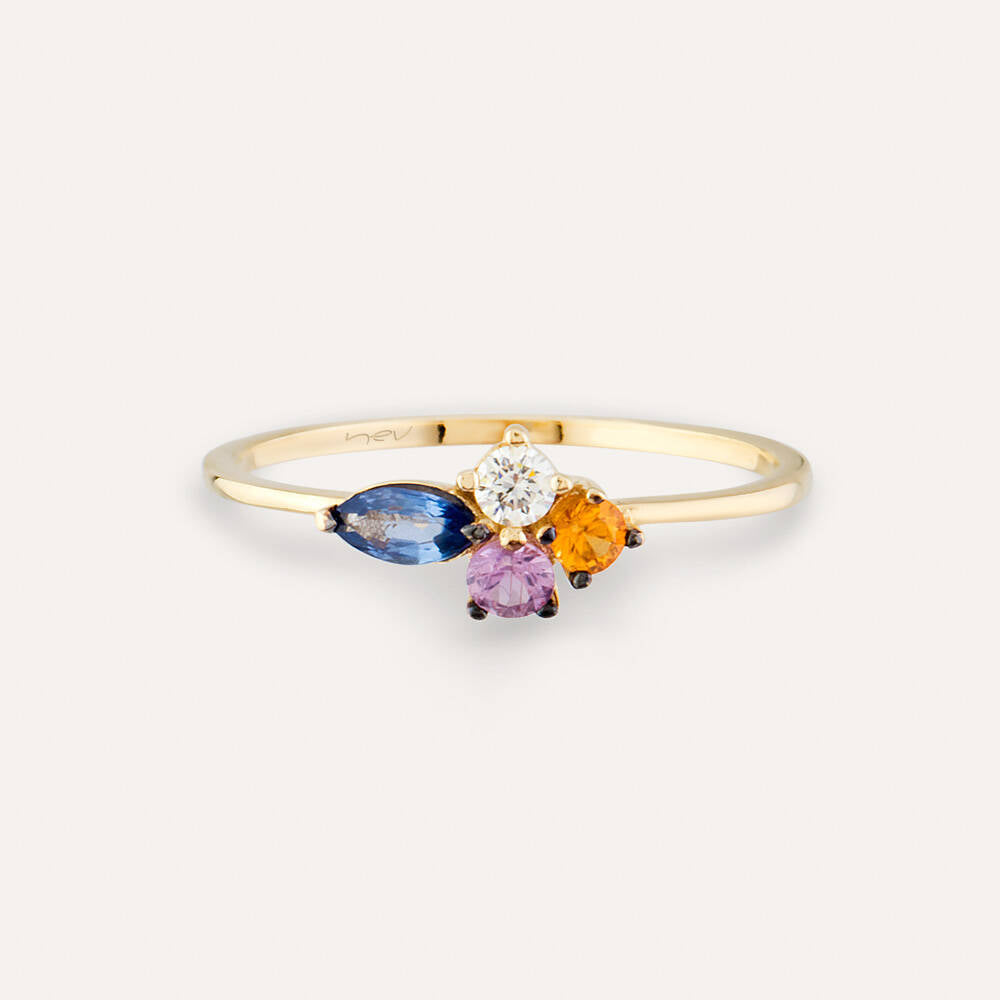 0.60 CT Multicolor Safir ve Pırlanta Taşlı Sarı Altın Yüzük