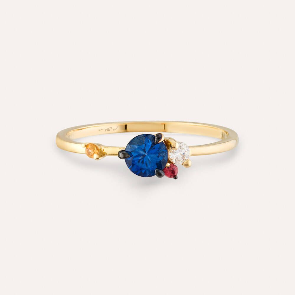 0.60 CT Multicolor Safir ve Pırlanta Taşlı Sarı Altın Yüzük