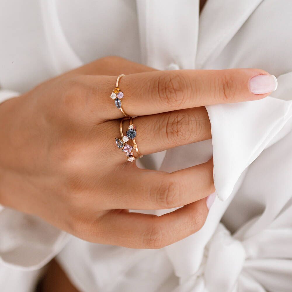 0.60 CT Multicolor Safir ve Pırlanta Taşlı Sarı Altın Yüzük