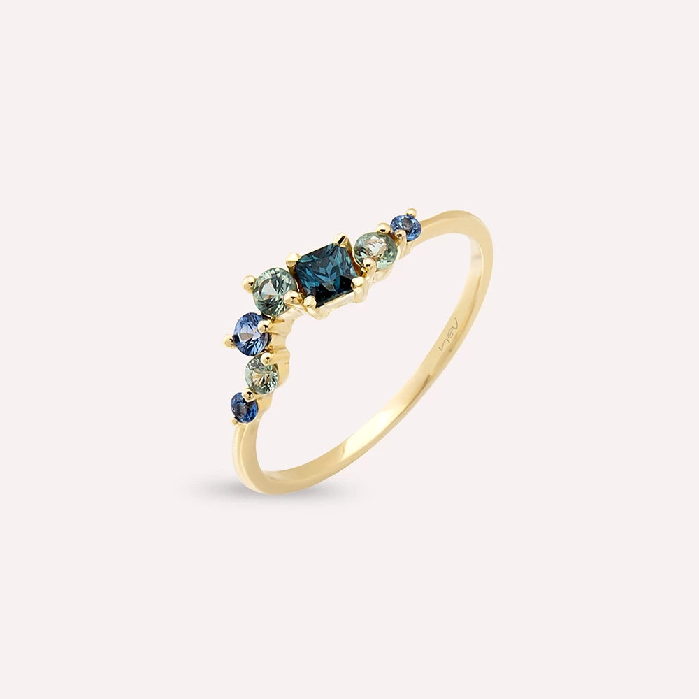 0.62 CT Multicolor Safir Taşlı Sarı Altın Yüzük