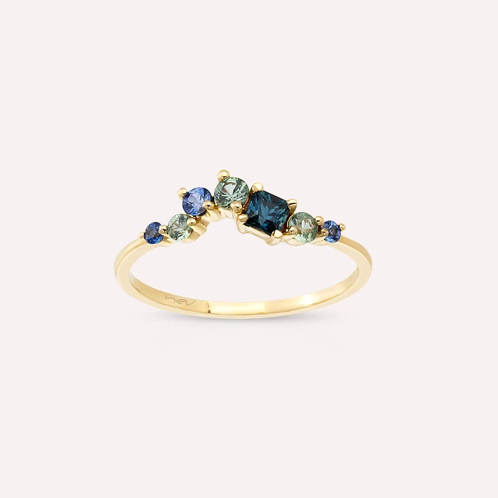 0.62 CT Multicolor Safir Taşlı Sarı Altın Yüzük