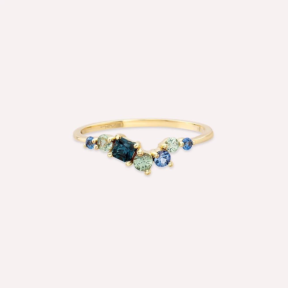 0.62 CT Multicolor Safir Taşlı Sarı Altın Yüzük