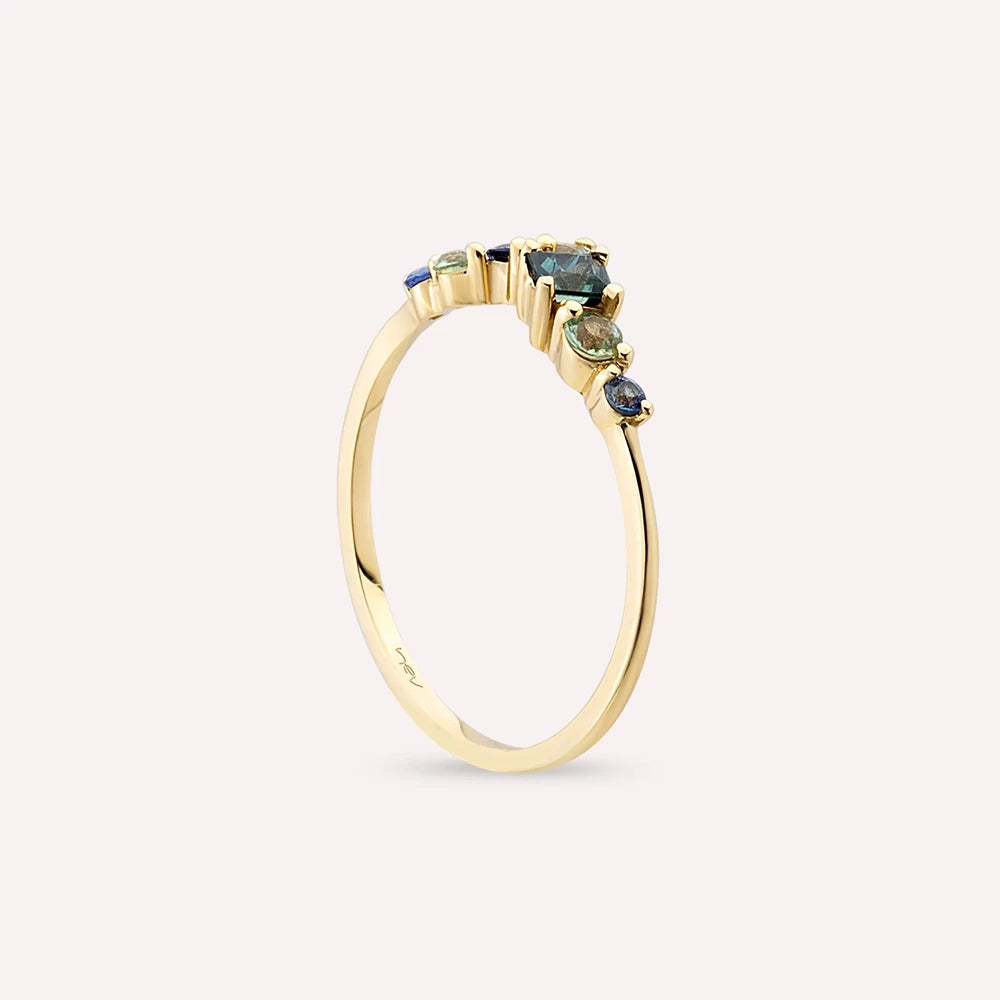 0.62 CT Multicolor Safir Taşlı Sarı Altın Yüzük