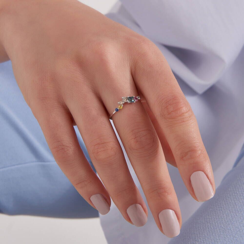 0.62 CT Multicolor Safir ve Brown Pırlanta Taşlı Beyaz Altın Yüzük