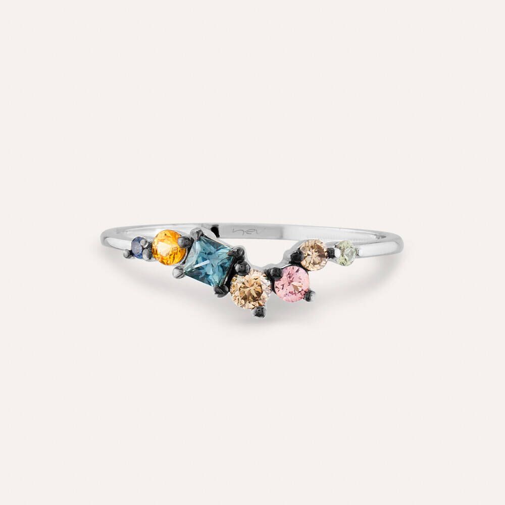 0.62 CT Multicolor Safir ve Pırlanta Taşlı Beyaz Altın Yüzük