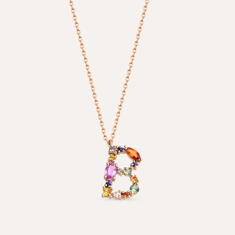 0.64 CT Brown Pırlanta ve Multicolor Safir Taşlı B Harf Kolye