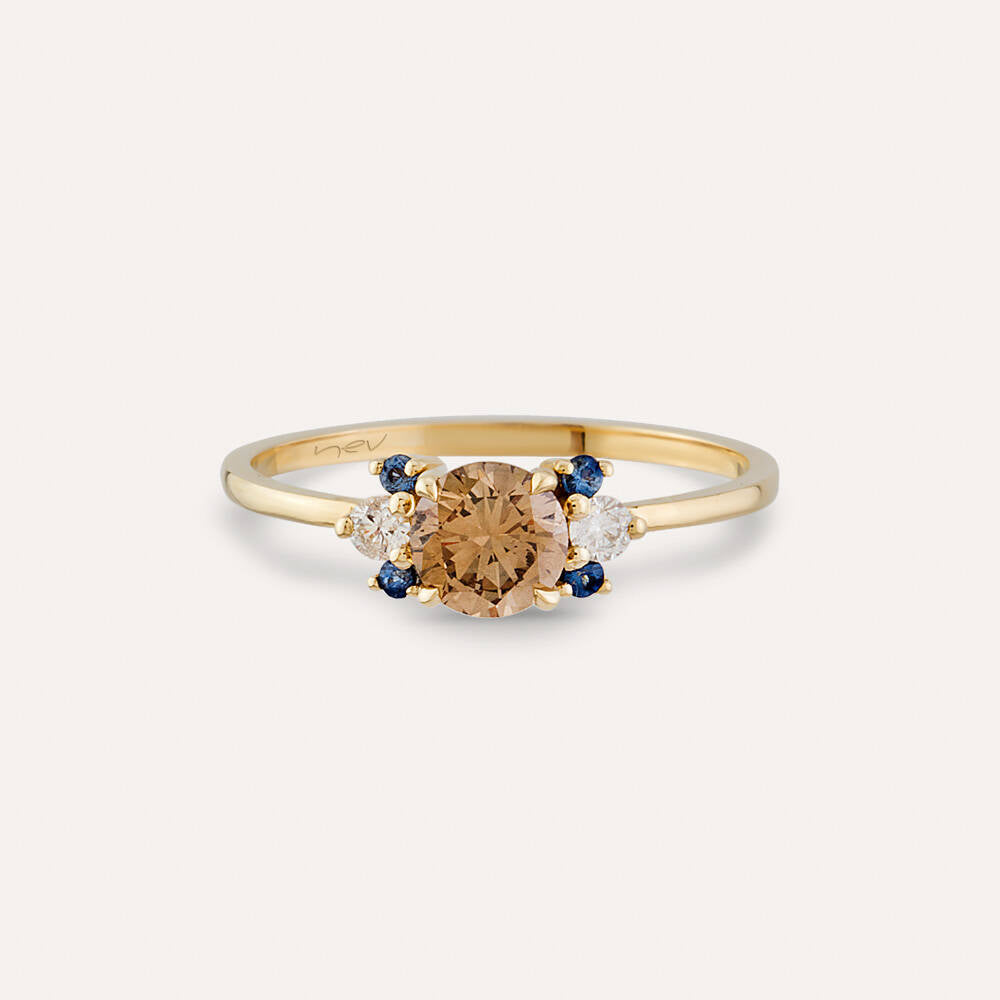0.69 CT Multicolor Safir ve Brown Pırlanta Taşlı Sarı Altın Yüzük