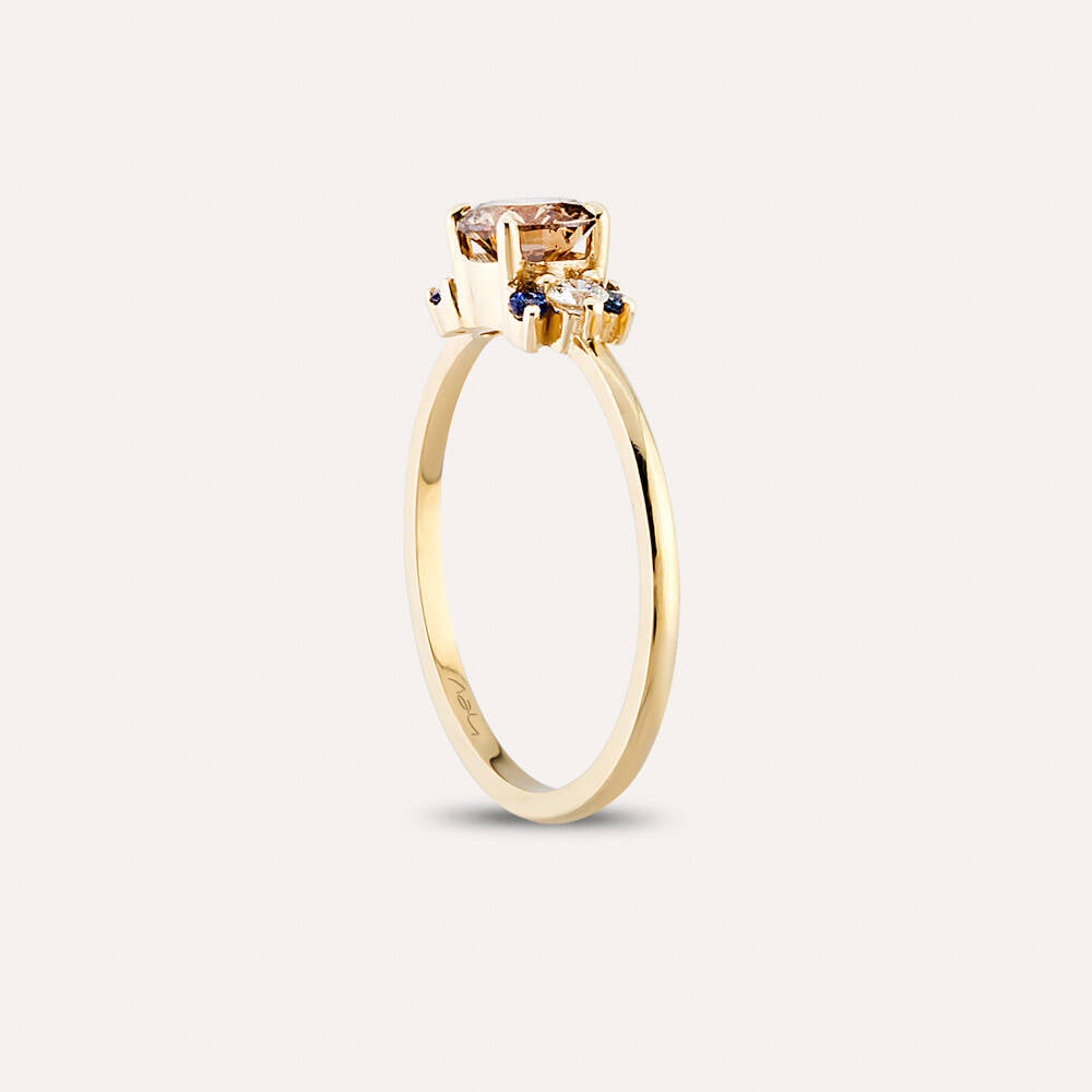 0.69 CT Multicolor Safir ve Brown Pırlanta Taşlı Sarı Altın Yüzük