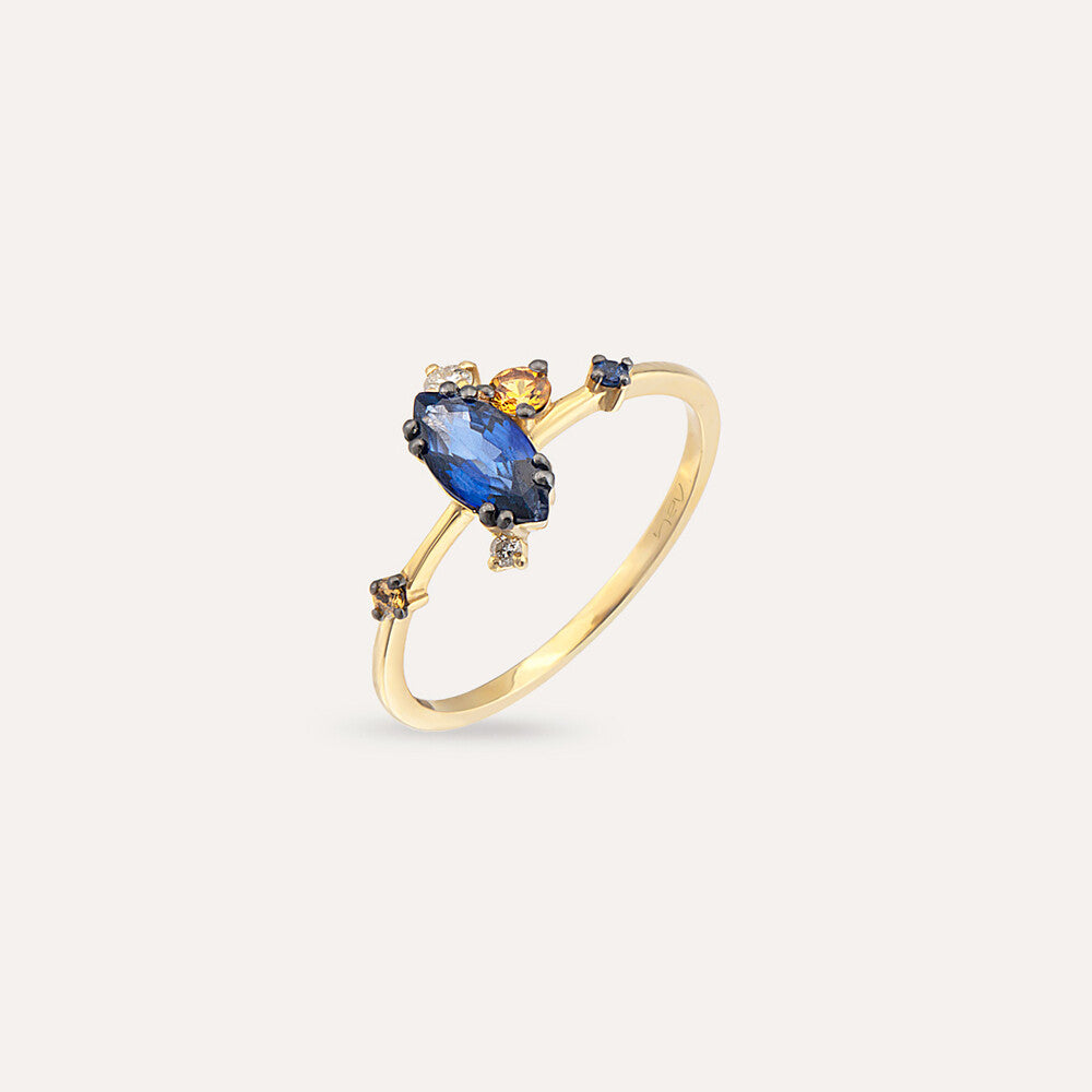 0.77 CT Pırlanta ve Multicolor Safir Taşlı Sarı Altın Yüzük