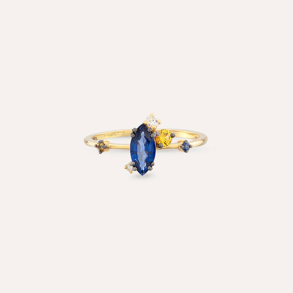 0.77 CT Pırlanta ve Multicolor Safir Taşlı Sarı Altın Yüzük