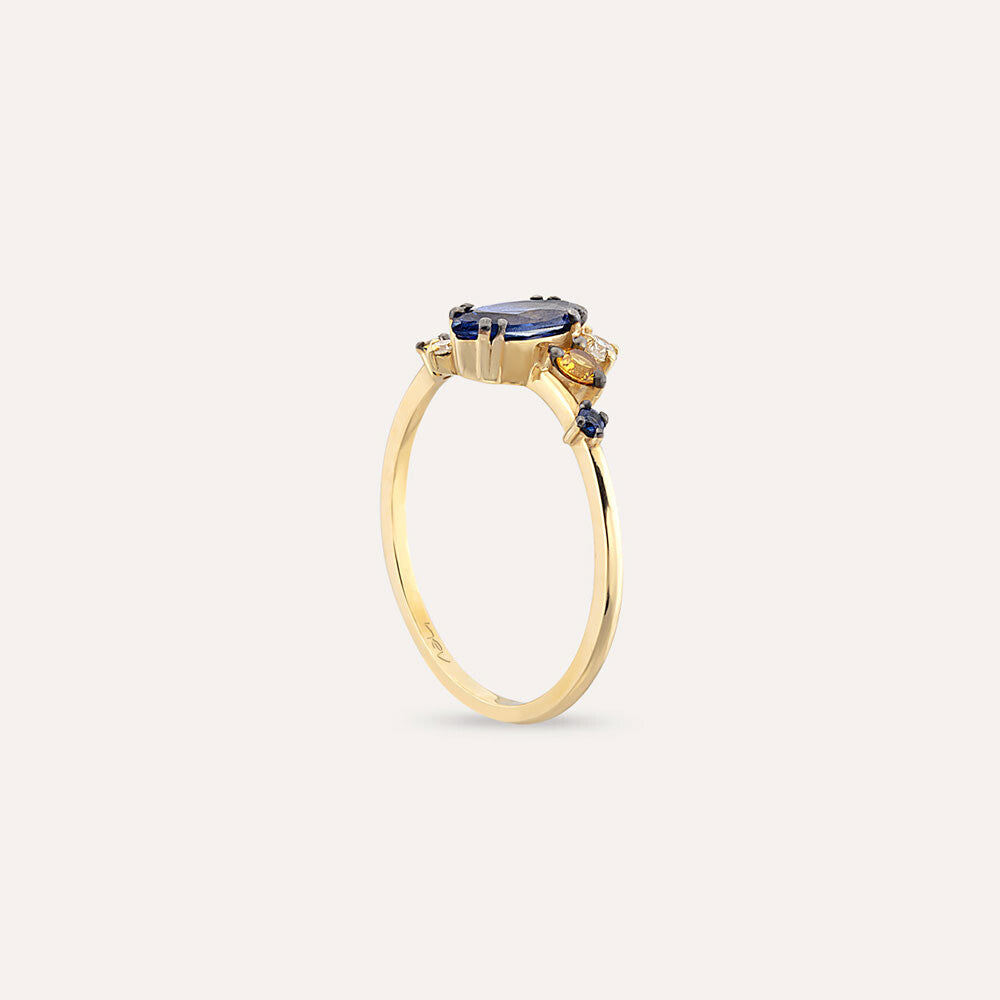 0.77 CT Pırlanta ve Multicolor Safir Taşlı Sarı Altın Yüzük