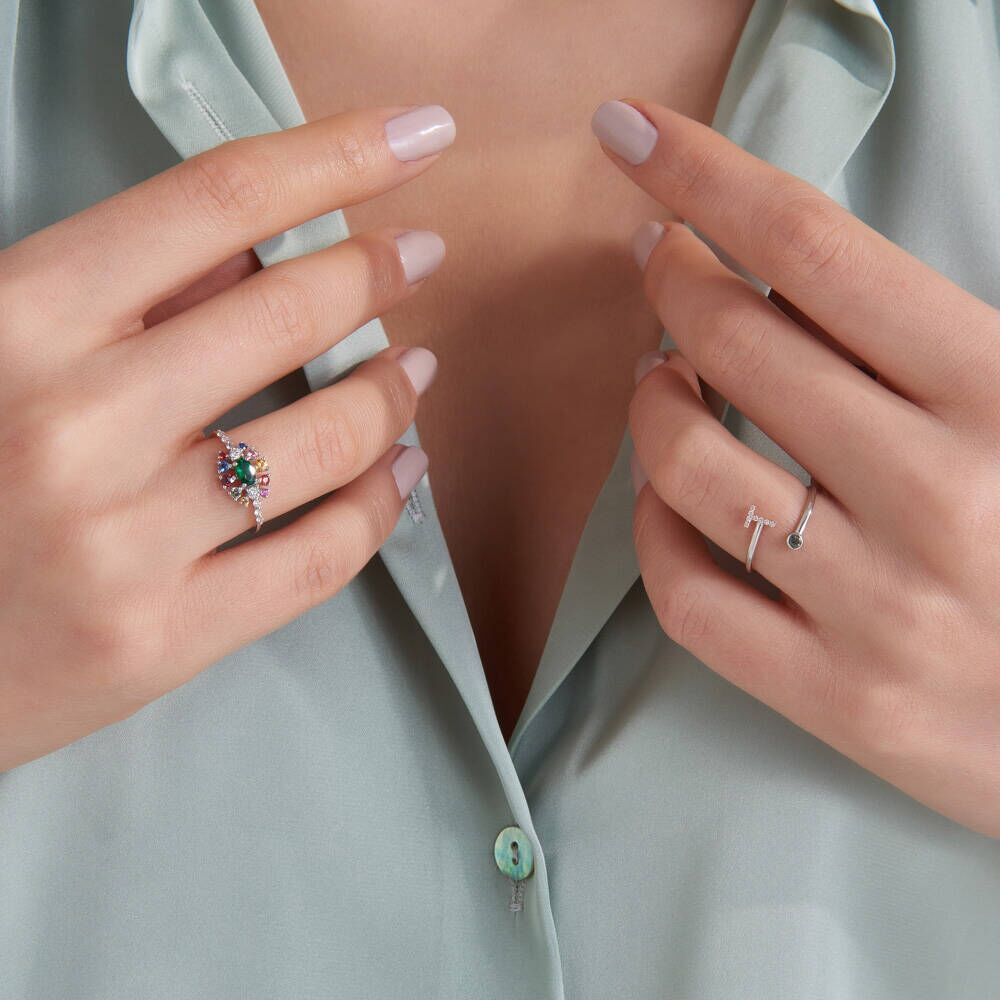 0.79 CT Zümrüt, Multicolor Safir ve Pırlanta Taşlı Yüzük