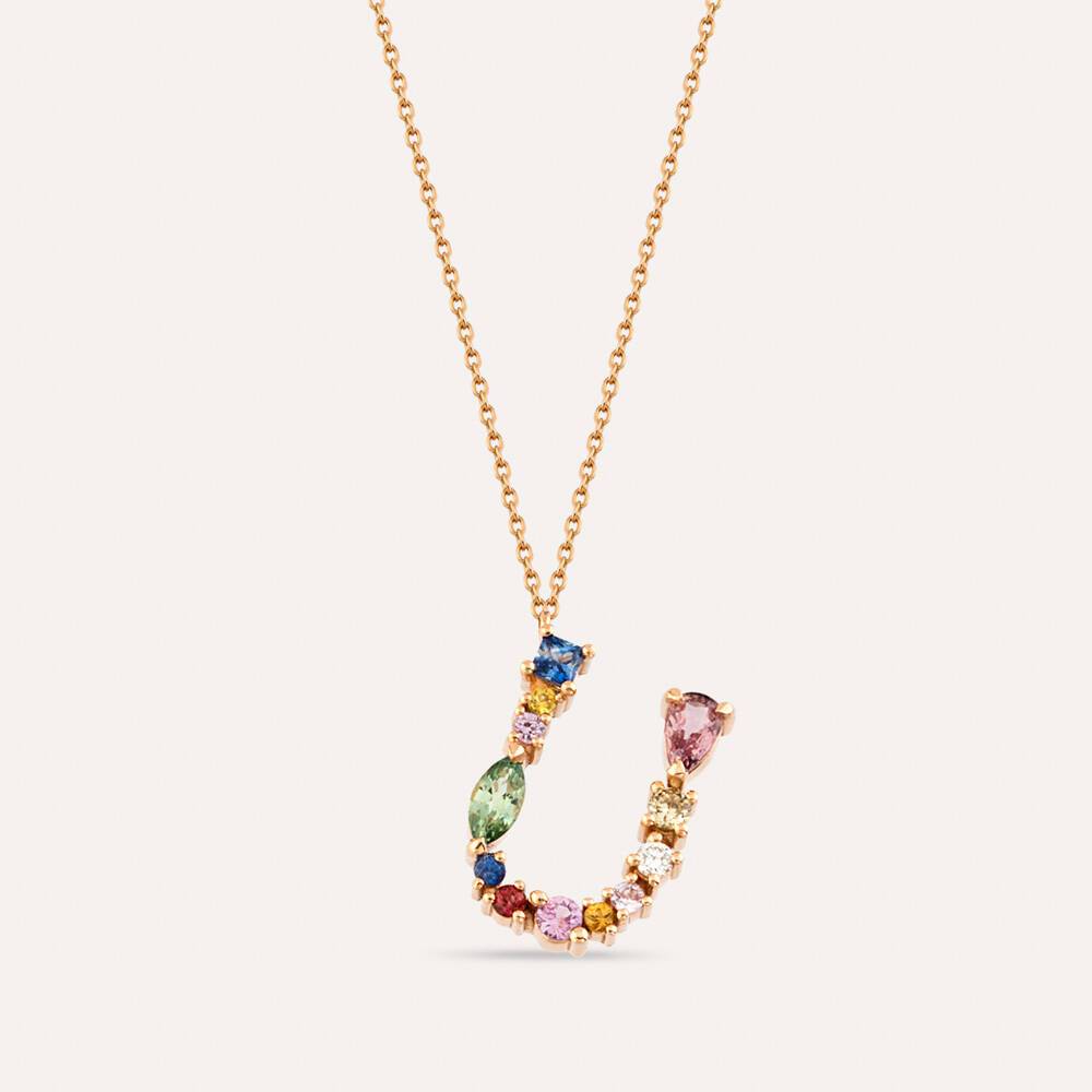 0.83 CT Brown Pırlanta ve Multicolor Safir Taşlı U Harf Kolye