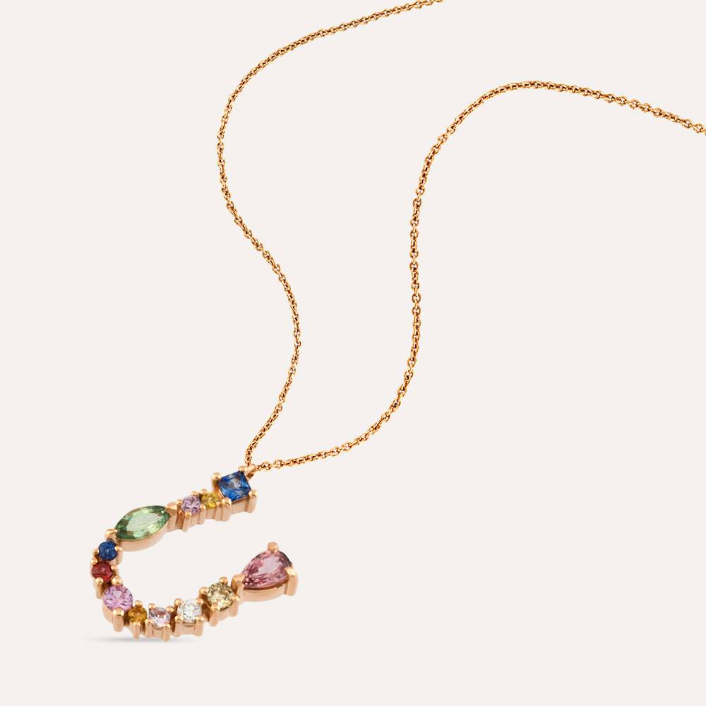 0.83 CT Brown Pırlanta ve Multicolor Safir Taşlı U Harf Kolye