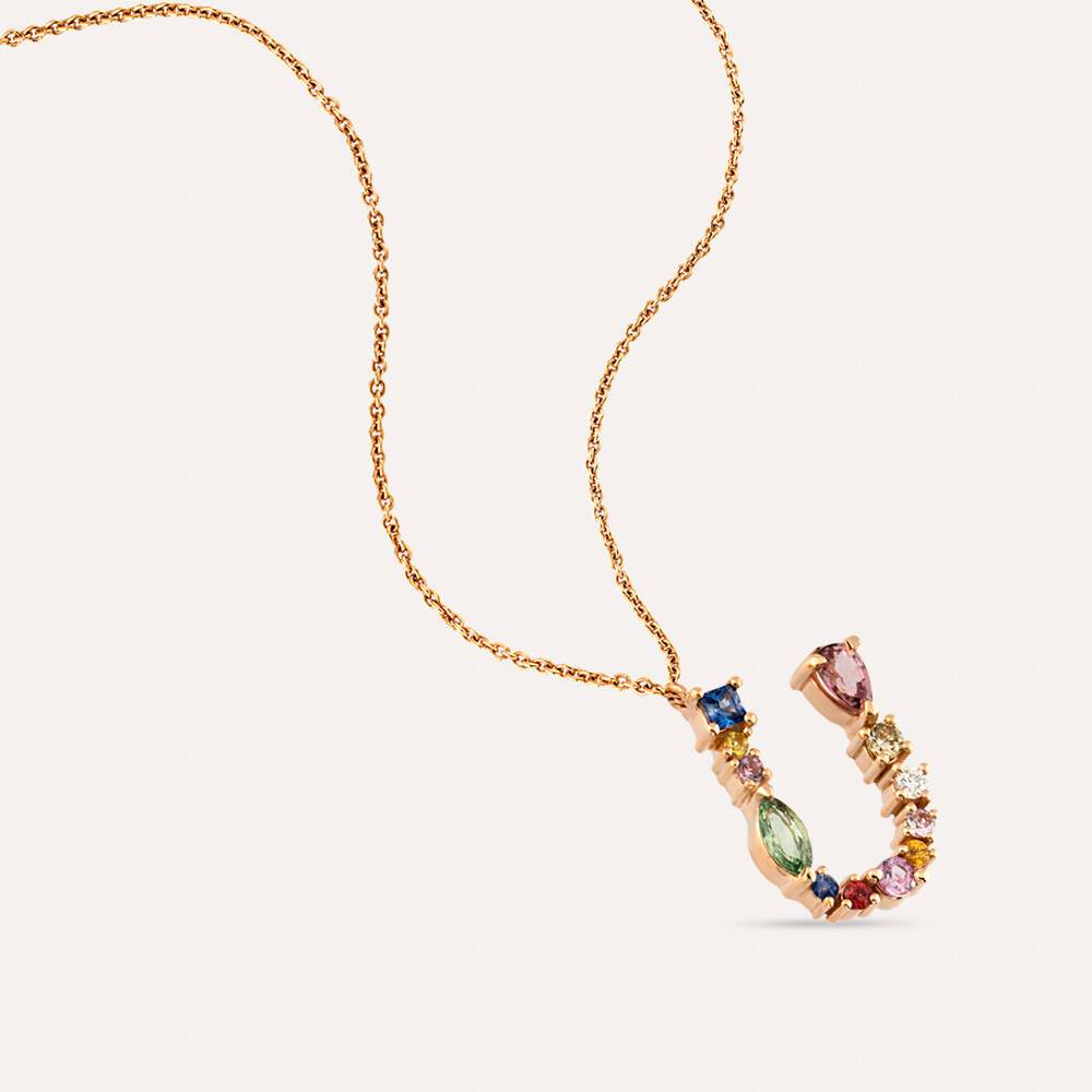 0.83 CT Brown Pırlanta ve Multicolor Safir Taşlı U Harf Kolye
