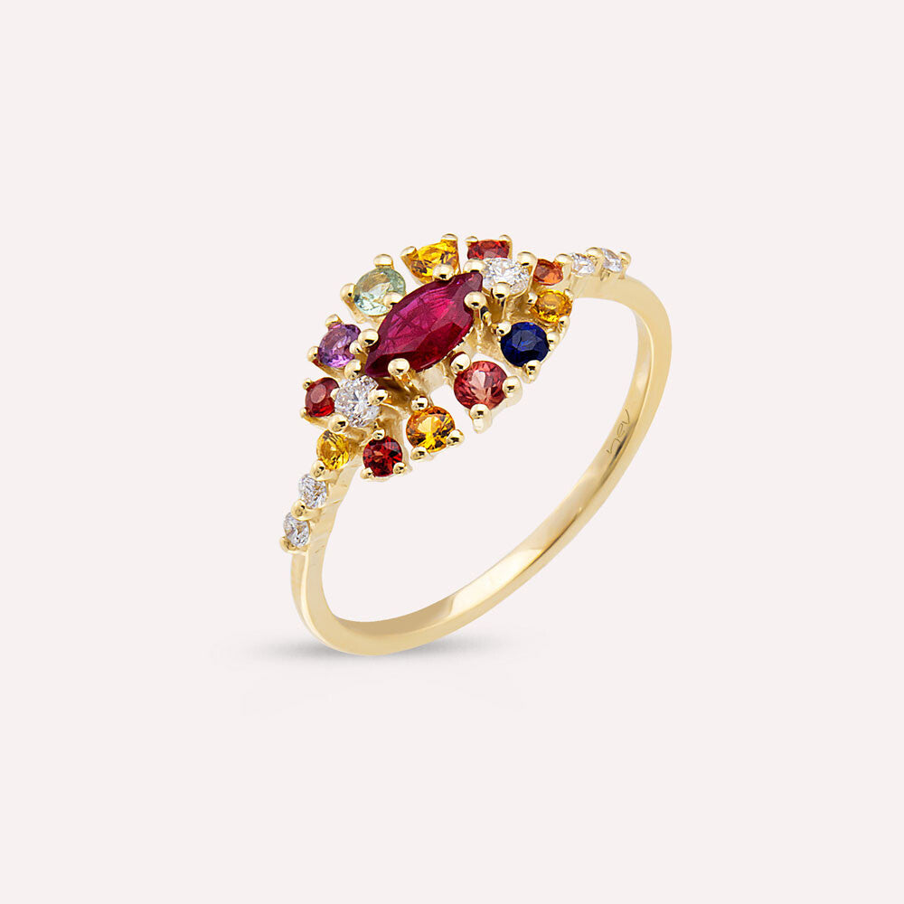 0.83 CT Multicolor Safir, Yakut ve Pırlanta Taşlı Sarı Altın Yüzük