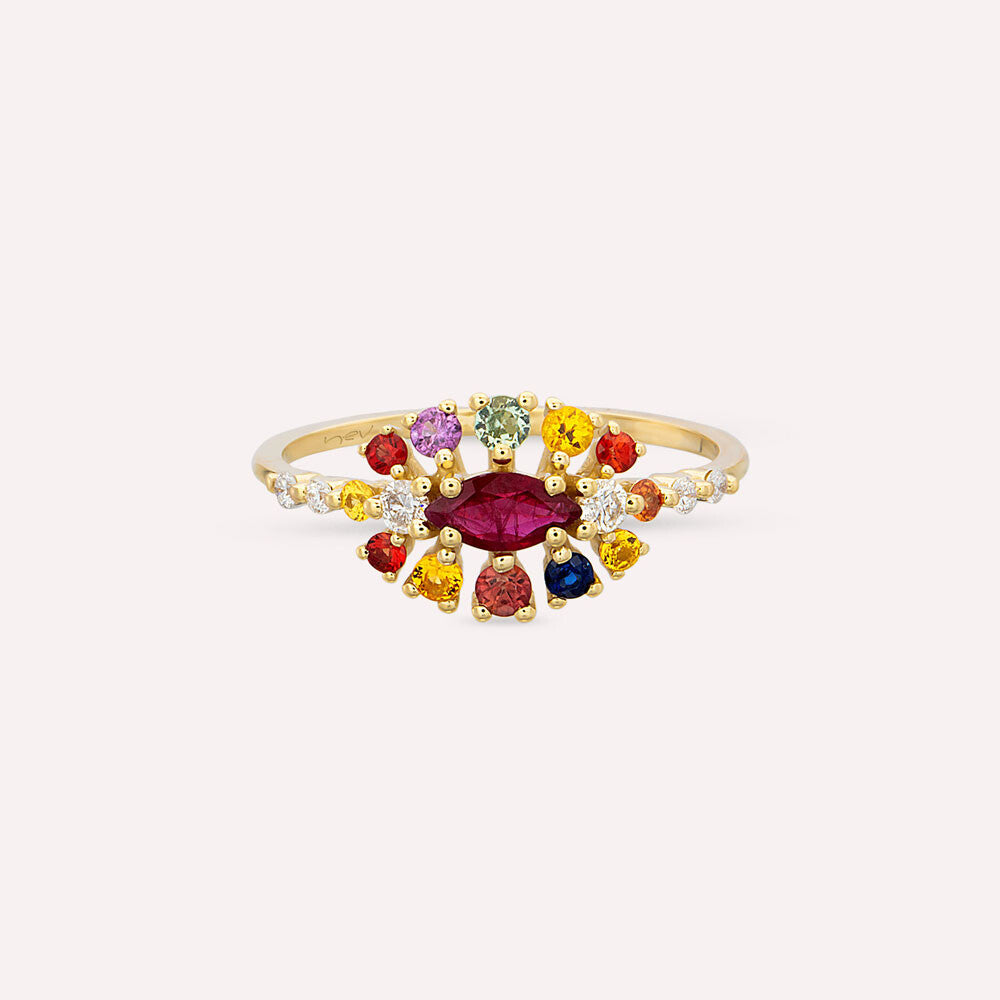 0.83 CT Multicolor Safir, Yakut ve Pırlanta Taşlı Sarı Altın Yüzük