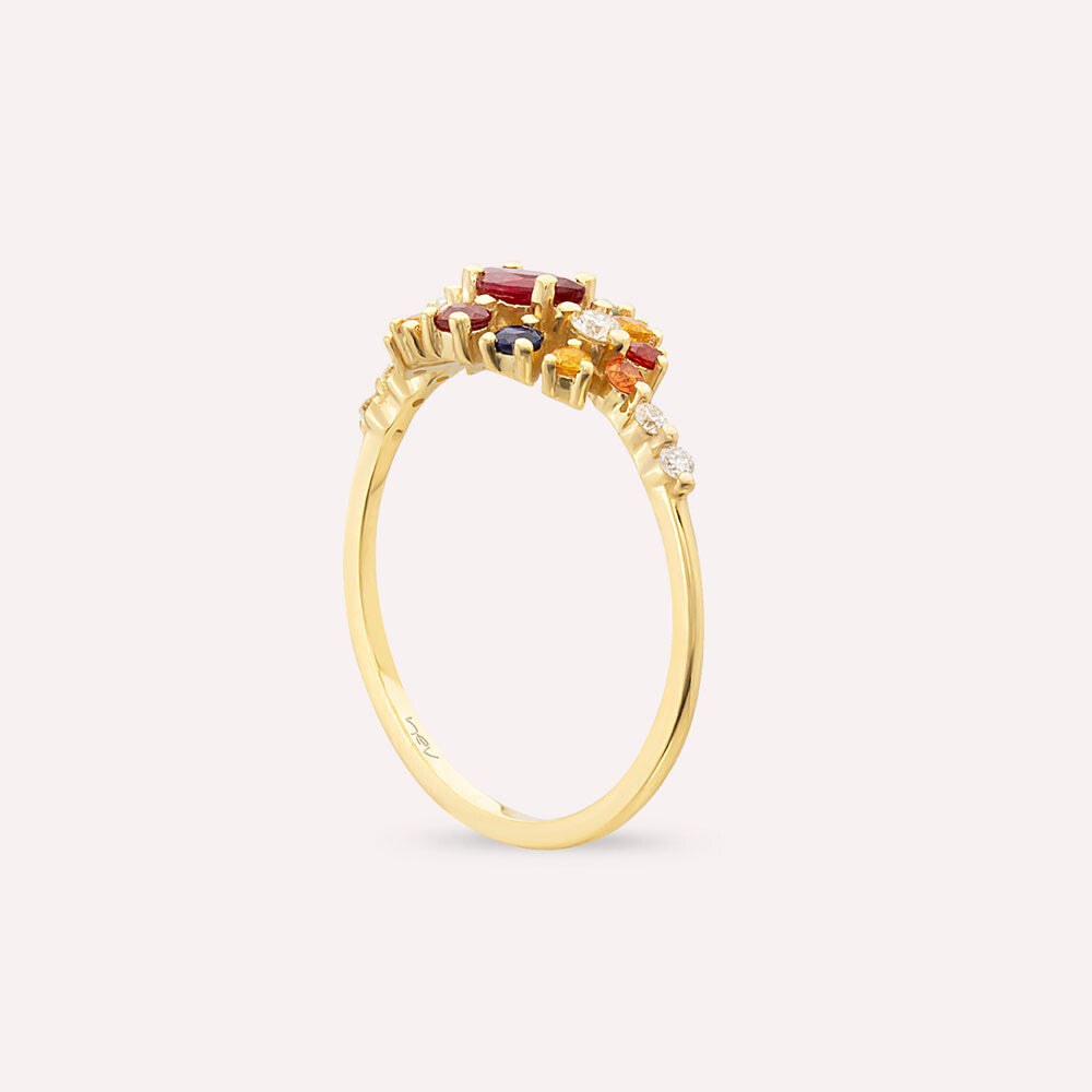 0.83 CT Multicolor Safir, Yakut ve Pırlanta Taşlı Sarı Altın Yüzük