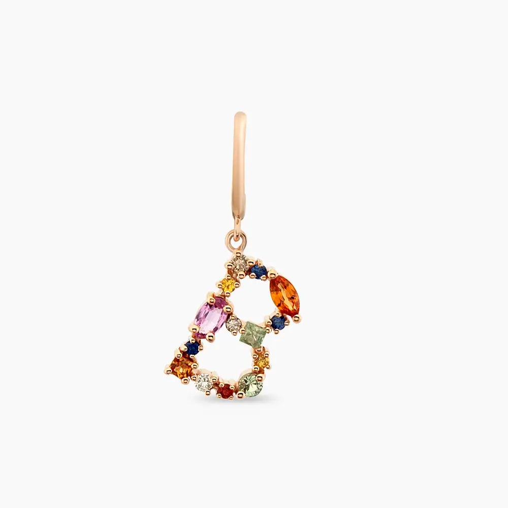 0.85 CT Multicolor Safir ve Brown Pırlanta Taşlı B Harf Tek Küpe