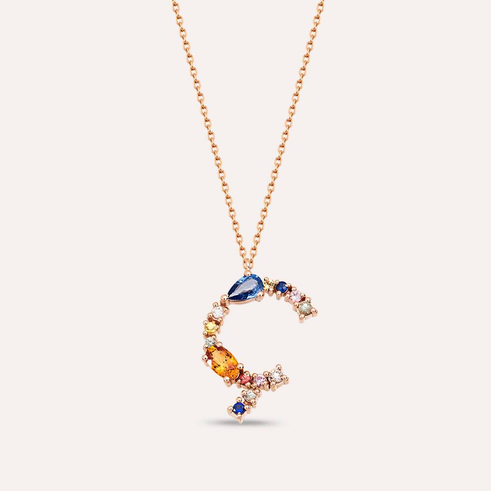 0.89 CT Brown Pırlanta ve Multicolor Safir Taşlı Ç Harf Kolye