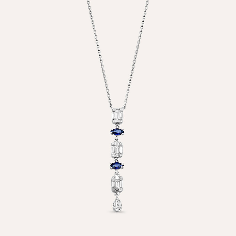 0.94 CT Safir ve Baget Pırlanta Taşlı Beyaz Altın Kolye