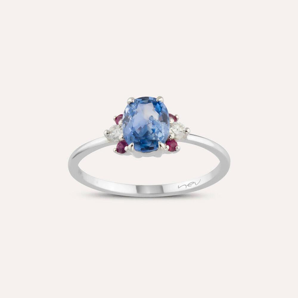 0.96 CT Blue Safir, Yakut ve Pırlanta Taşlı Beyaz Altın Yüzük - Tufanlar Kuyumculuk