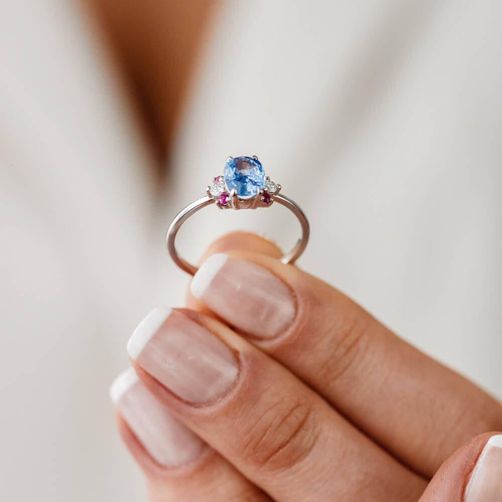 0.96 CT Blue Safir, Yakut ve Pırlanta Taşlı Beyaz Altın Yüzük - Tufanlar Kuyumculuk