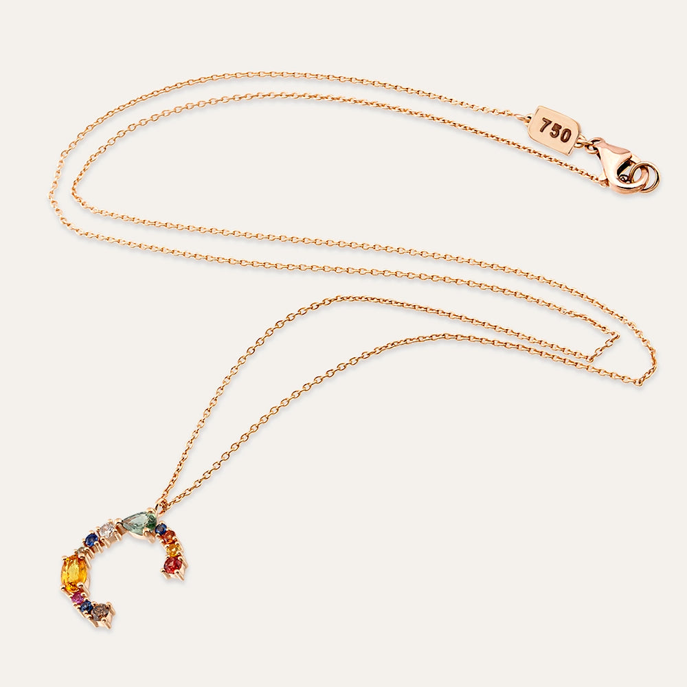 0.96 CT Brown Pırlanta ve Multicolor Safir Taşlı C Harf Kolye