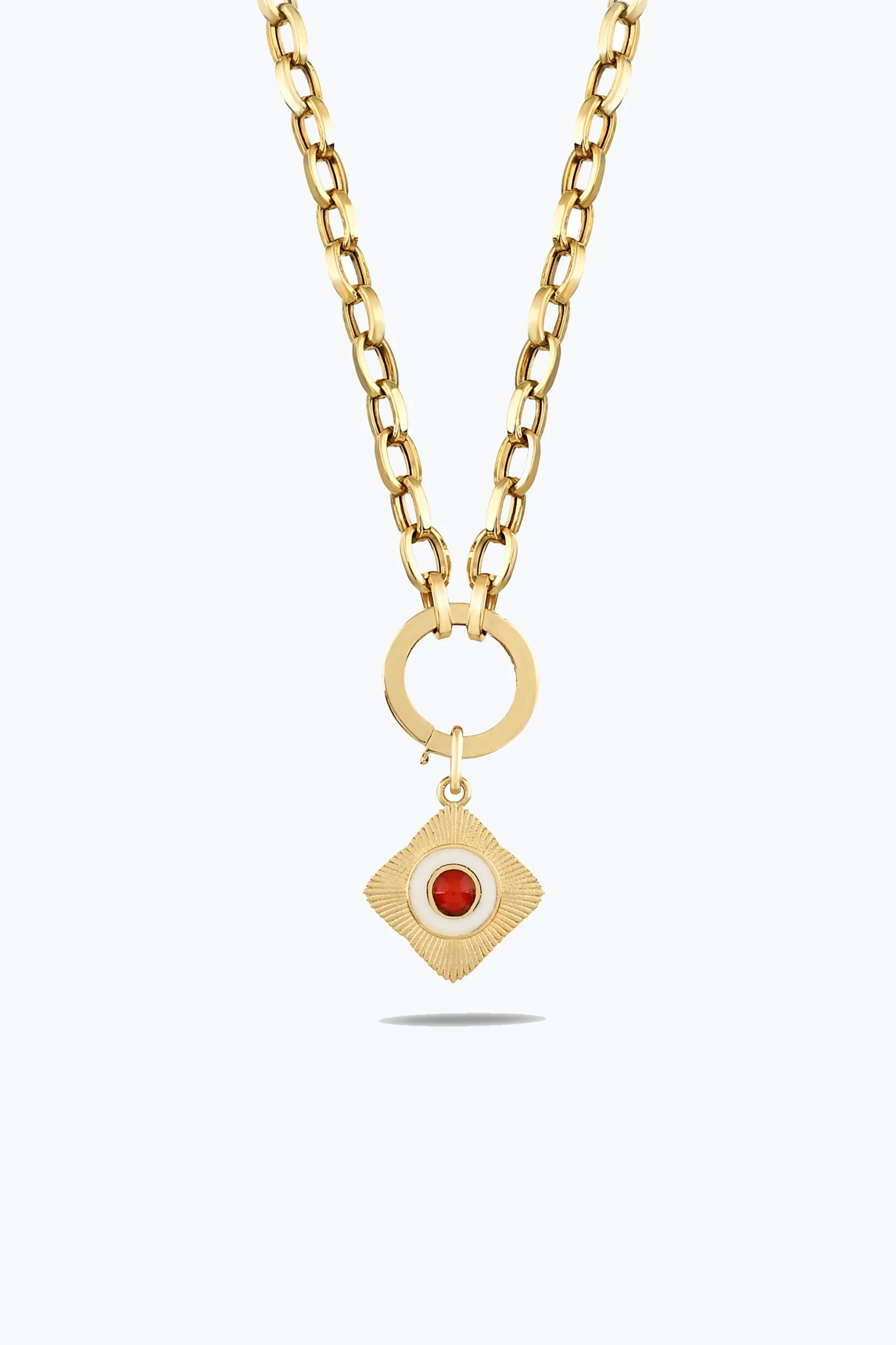 Yuvarlak Kırmızı Taşlı Etnik Madalyon Charm Kolye