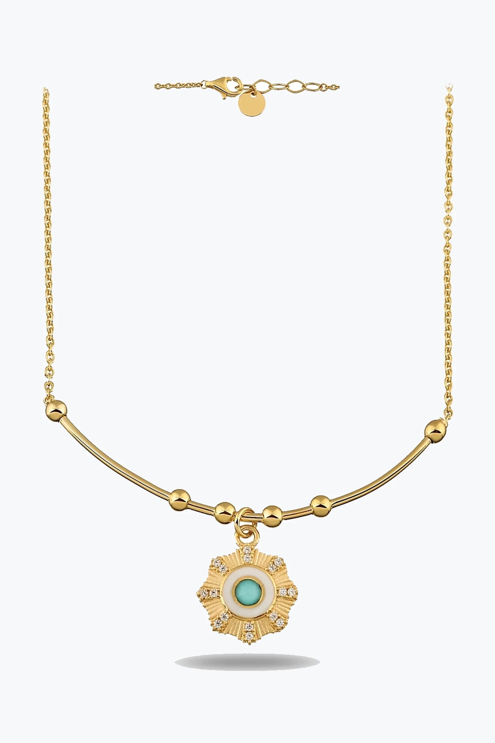 Yuvarlak Mavi Taşlı Çiçek Madalyon Kolye