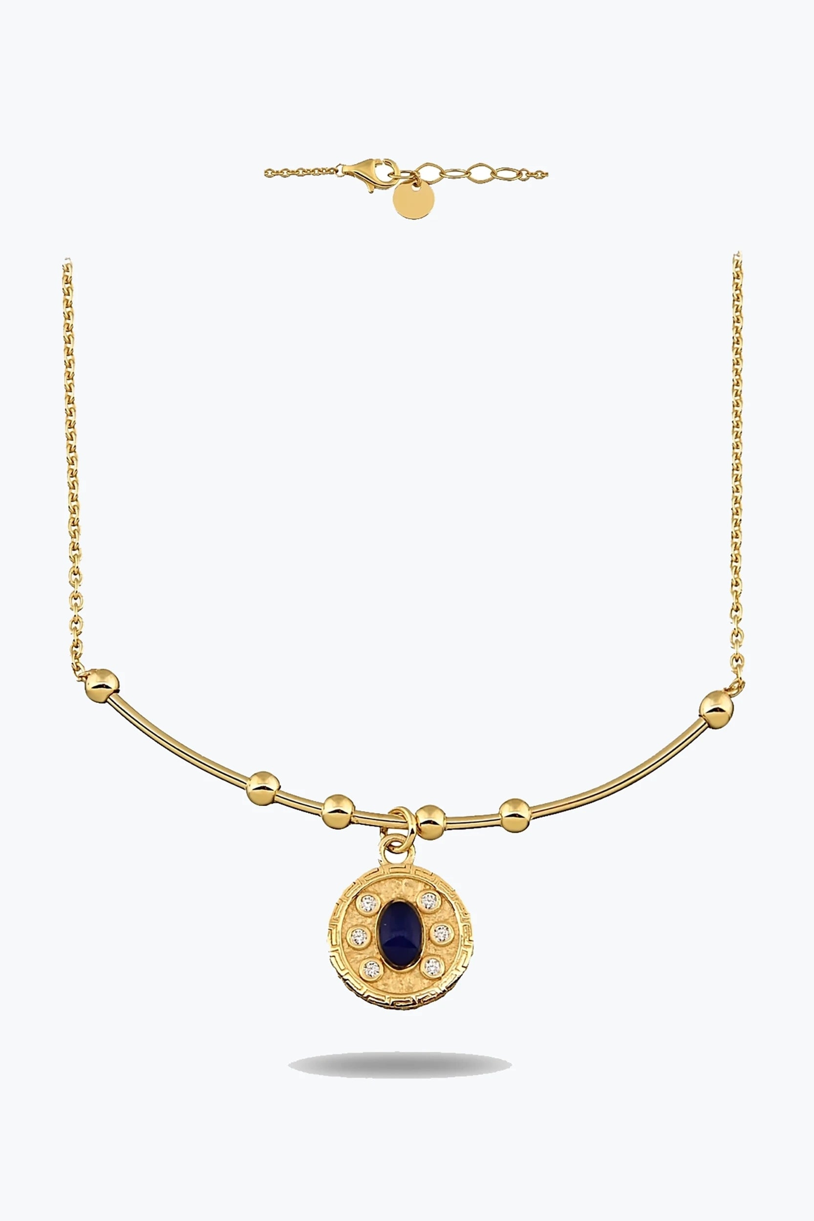 Oval Lacivert Taşlı Madalyon Uç Tel Kolye