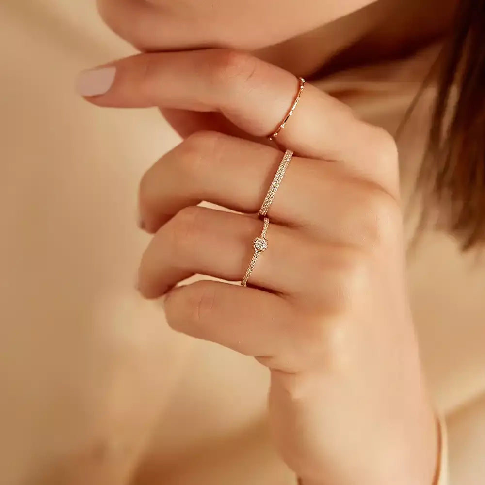 0.05 CT Pırlanta Taşlı Rose Altın Minimal Tamtur Yüzük