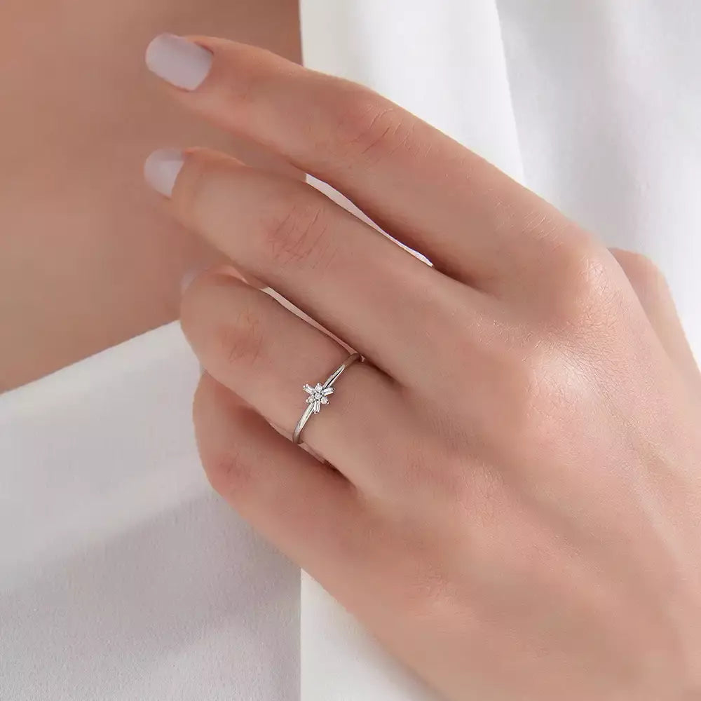 0.08 CT Baget Pırlanta Taşlı Beyaz Altın Minimal Yüzük