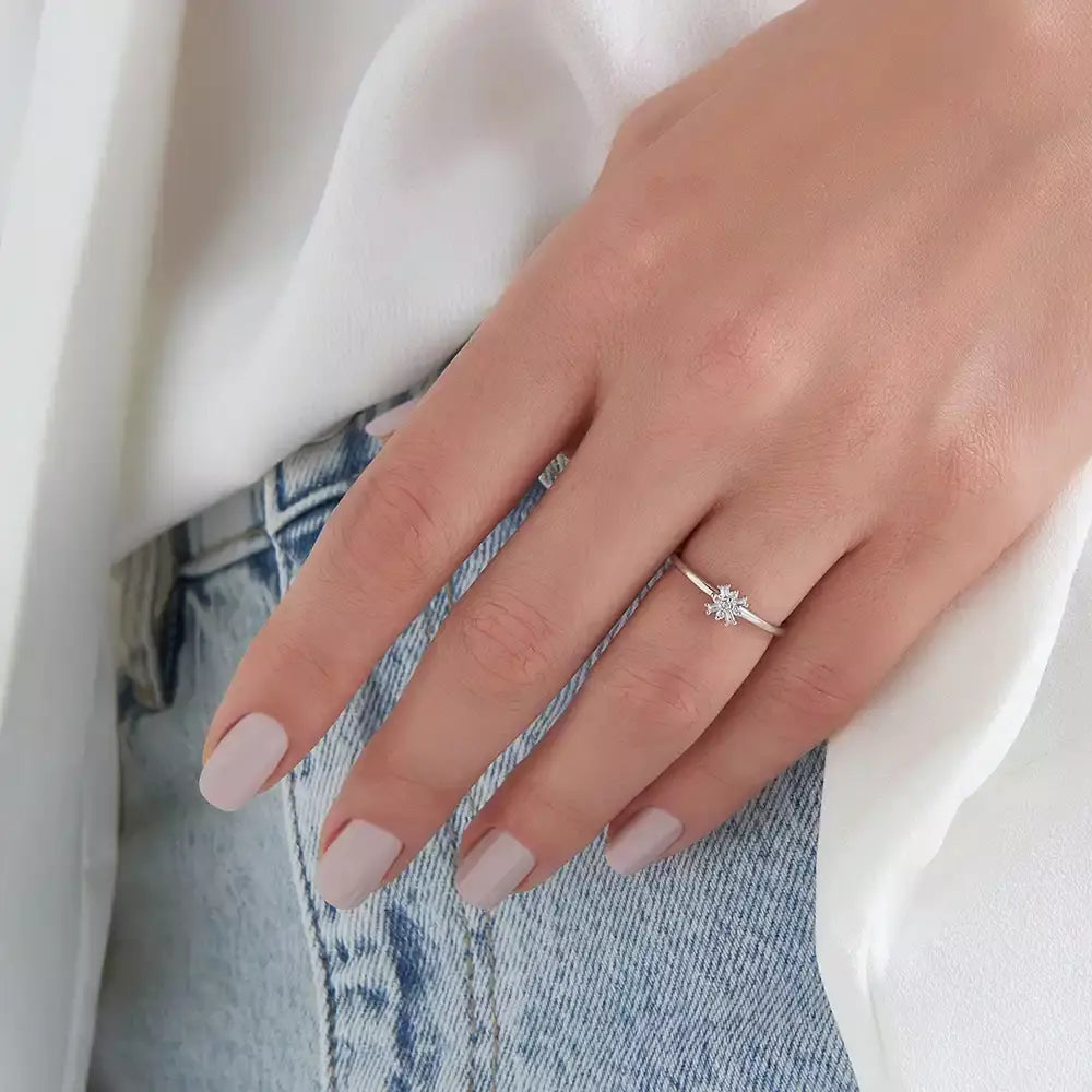 0.09 CT Baget Pırlanta Taşlı Beyaz Altın Minimal Yüzük