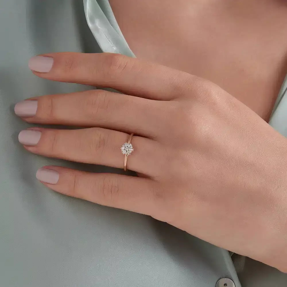 0.13 CT Baget Kesim Pırlanta Taşlı Rose Altın Yüzük